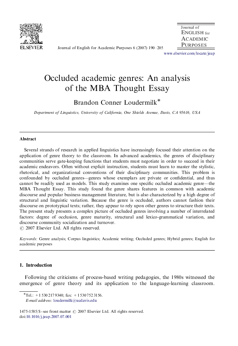 Occluded academic genres: An analysis of the MBA Thought Essay