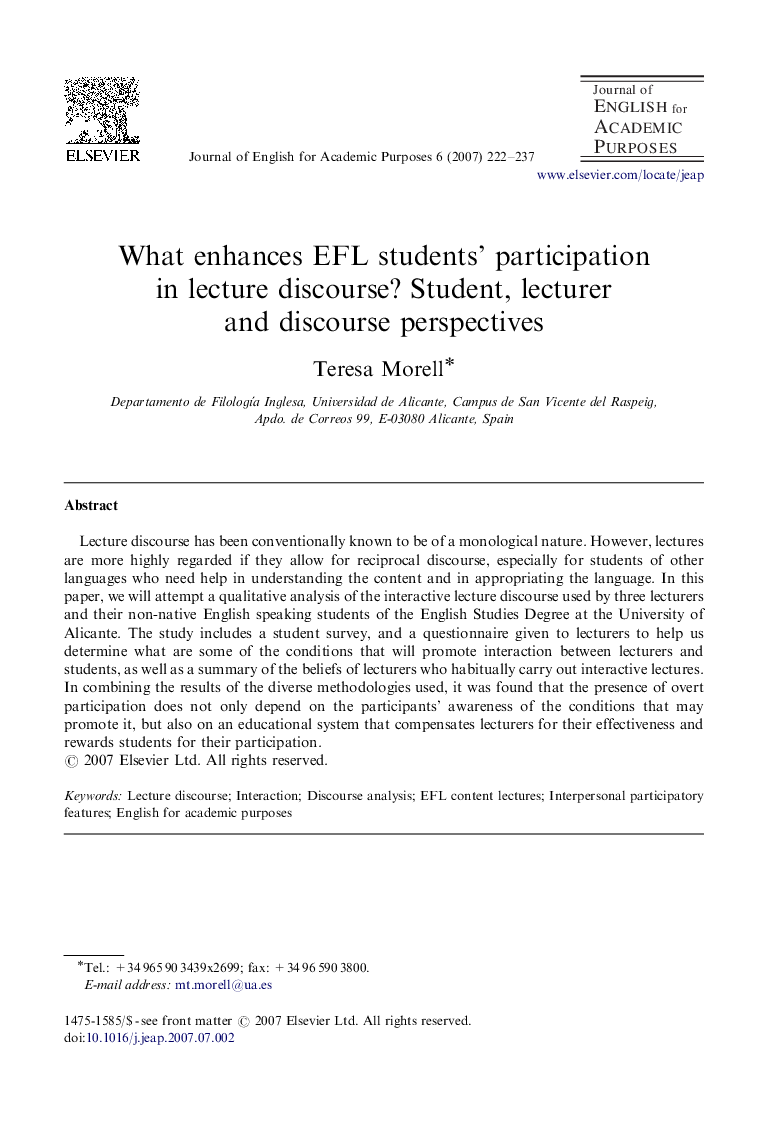 What enhances EFL students’ participation in lecture discourse? Student, lecturer and discourse perspectives