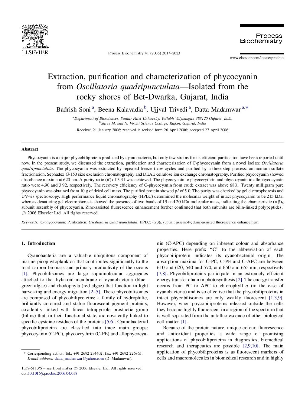 استخراج، خالص سازی و خصوصیات فیکوسیانین از Oscillatoria quadripunctulata-جدا شده از سواحل صخره ای شرط Dwarka، گجرات، هند