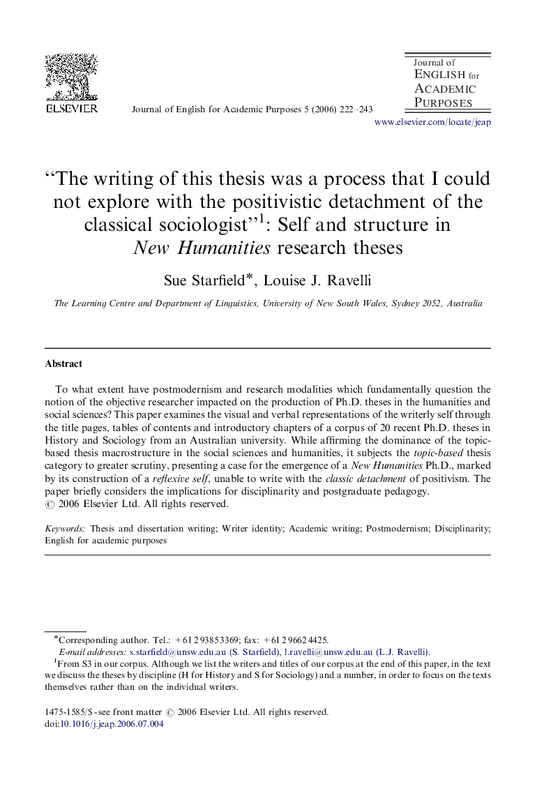 “The writing of this thesis was a process that I could not explore with the positivistic detachment of the classical sociologist”1: Self and structure in New Humanities research theses