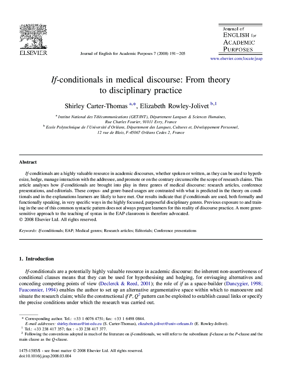 If-conditionals in medical discourse: From theory to disciplinary practice