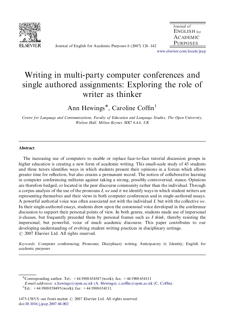 Writing in multi-party computer conferences and single authored assignments: Exploring the role of writer as thinker