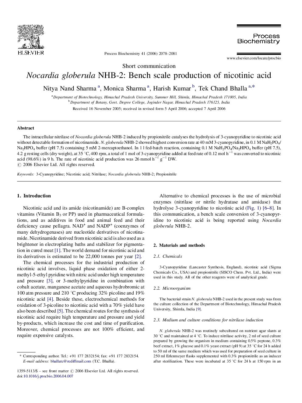 Nocardia globerula NHB-2: Bench scale production of nicotinic acid