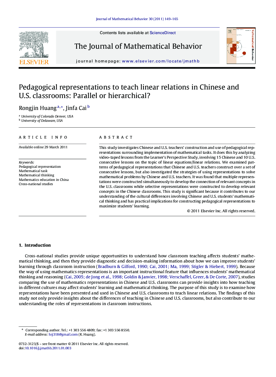 Pedagogical representations to teach linear relations in Chinese and U.S. classrooms: Parallel or hierarchical?