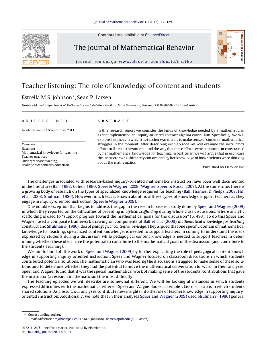 Teacher listening: The role of knowledge of content and students