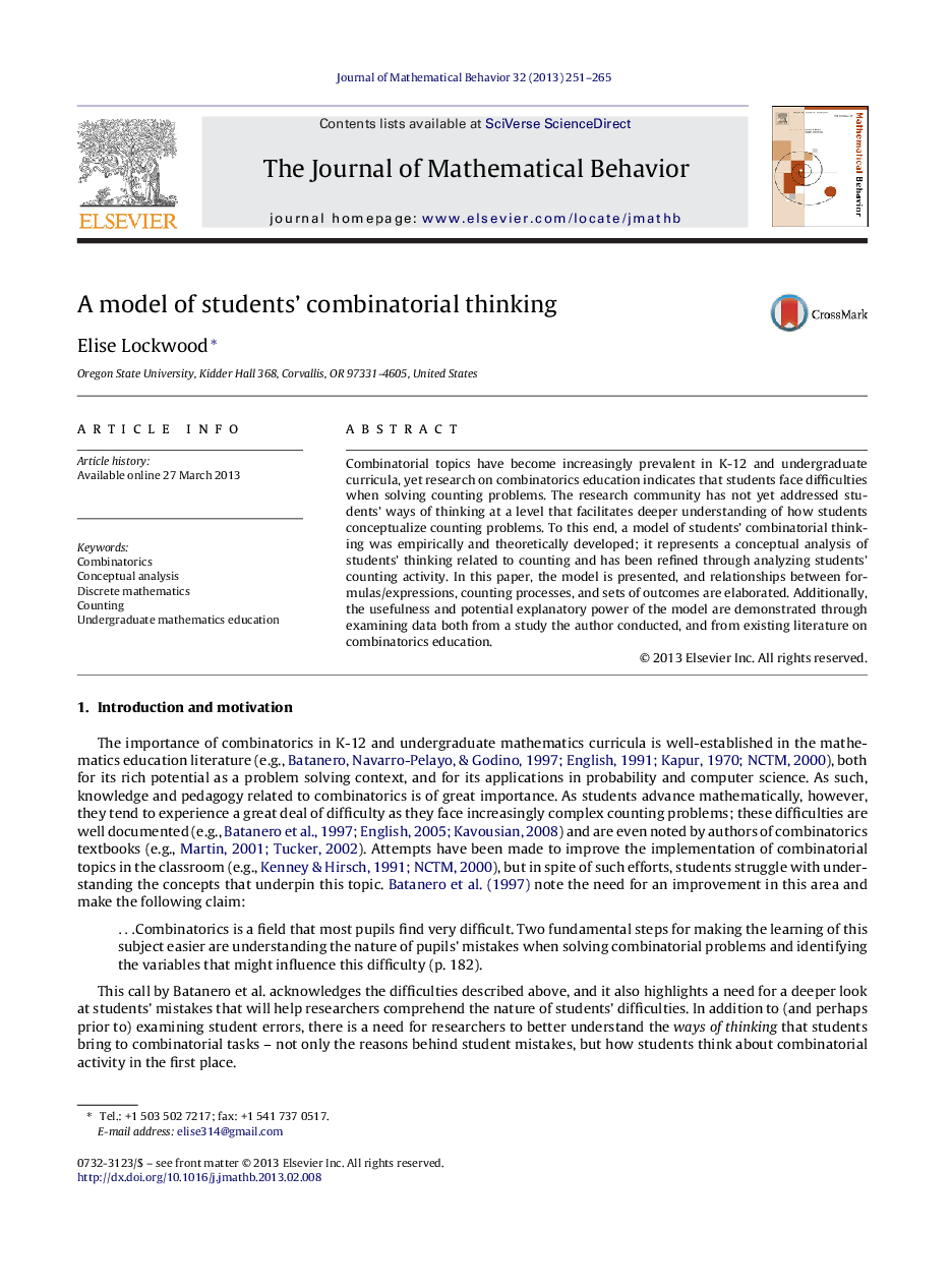 A model of students’ combinatorial thinking