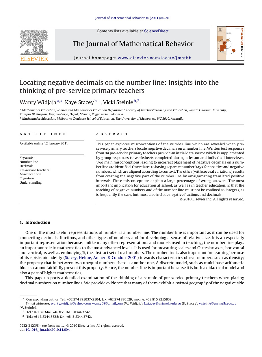 Locating negative decimals on the number line: Insights into the thinking of pre-service primary teachers