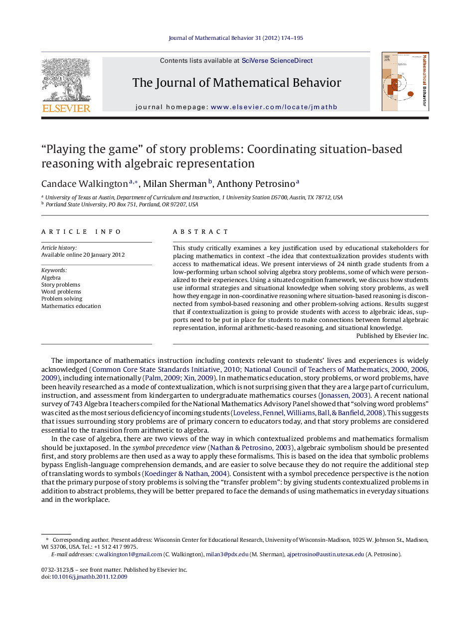 “Playing the game” of story problems: Coordinating situation-based reasoning with algebraic representation