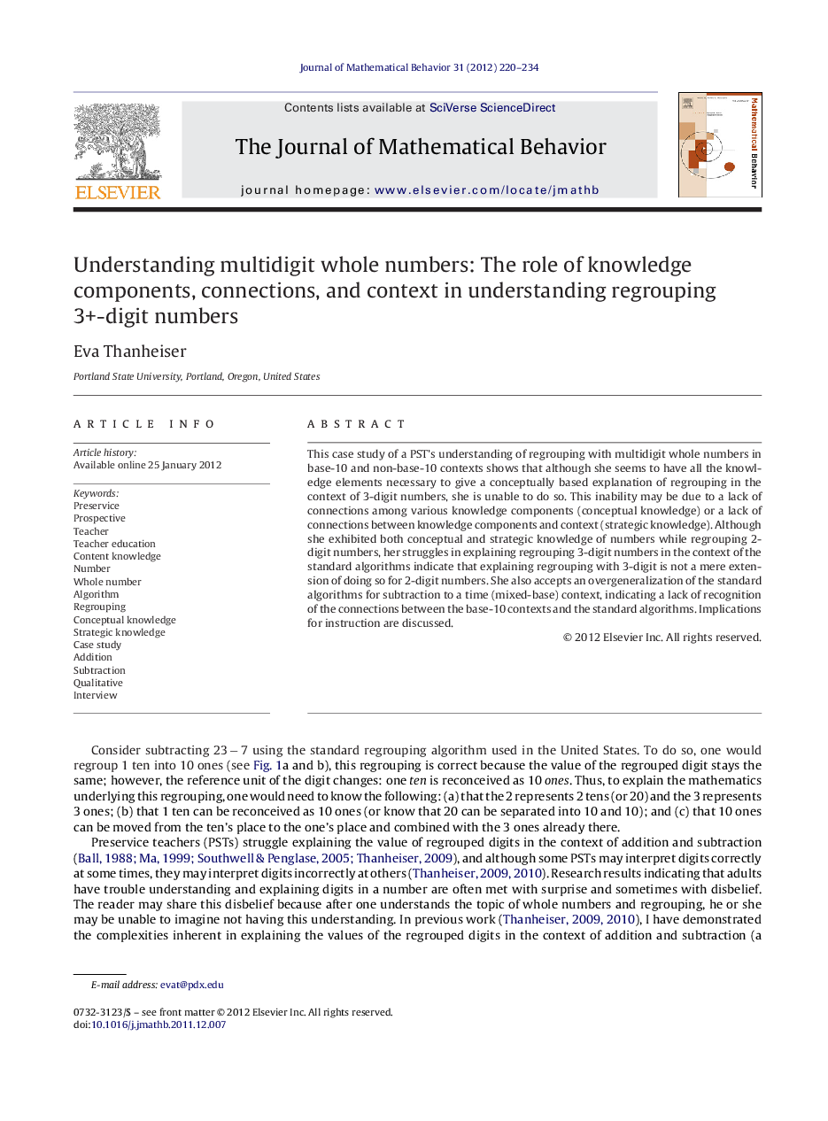 Understanding multidigit whole numbers: The role of knowledge components, connections, and context in understanding regrouping 3+-digit numbers