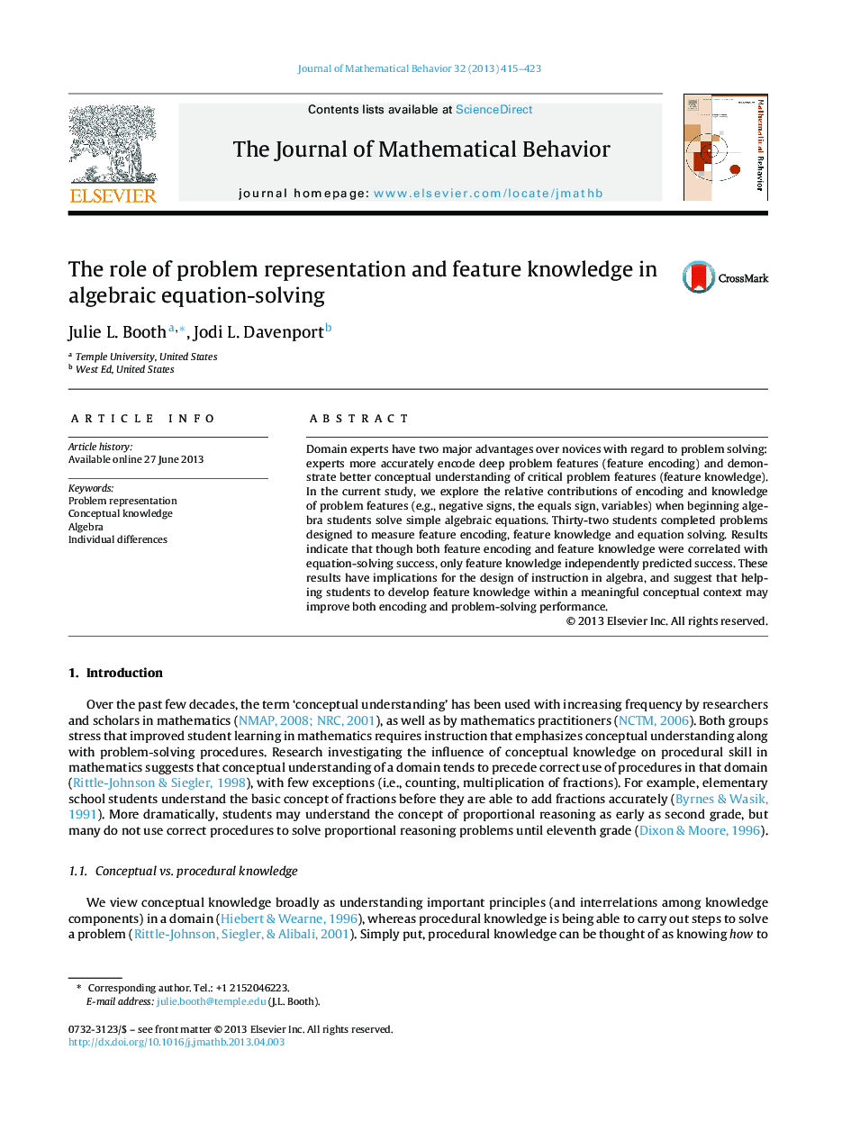 The role of problem representation and feature knowledge in algebraic equation-solving