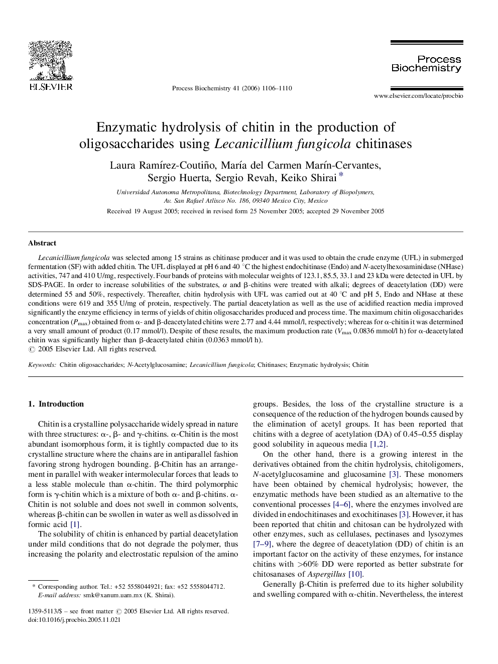 Enzymatic hydrolysis of chitin in the production of oligosaccharides using Lecanicillium fungicola chitinases