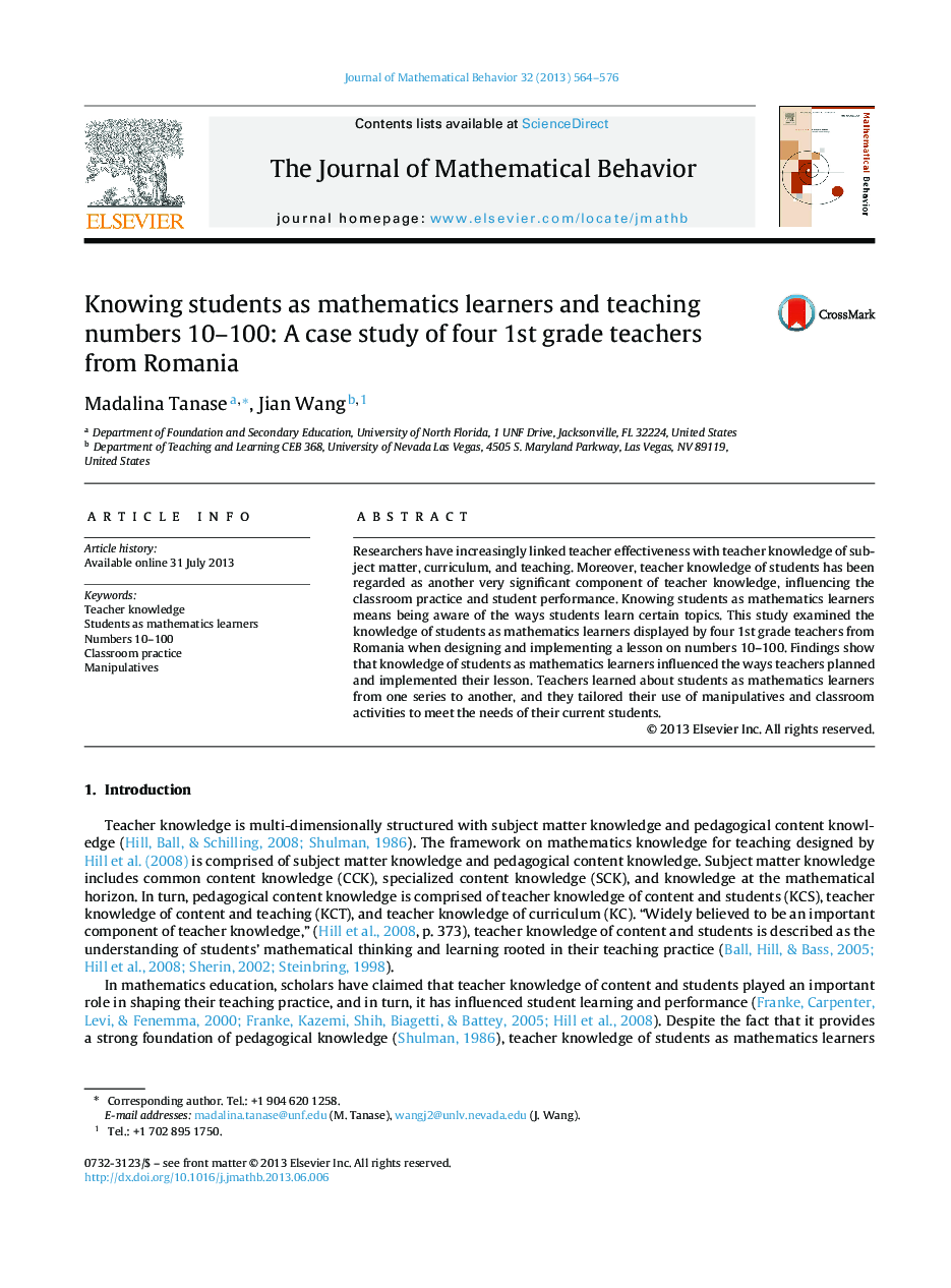 Knowing students as mathematics learners and teaching numbers 10–100: A case study of four 1st grade teachers from Romania