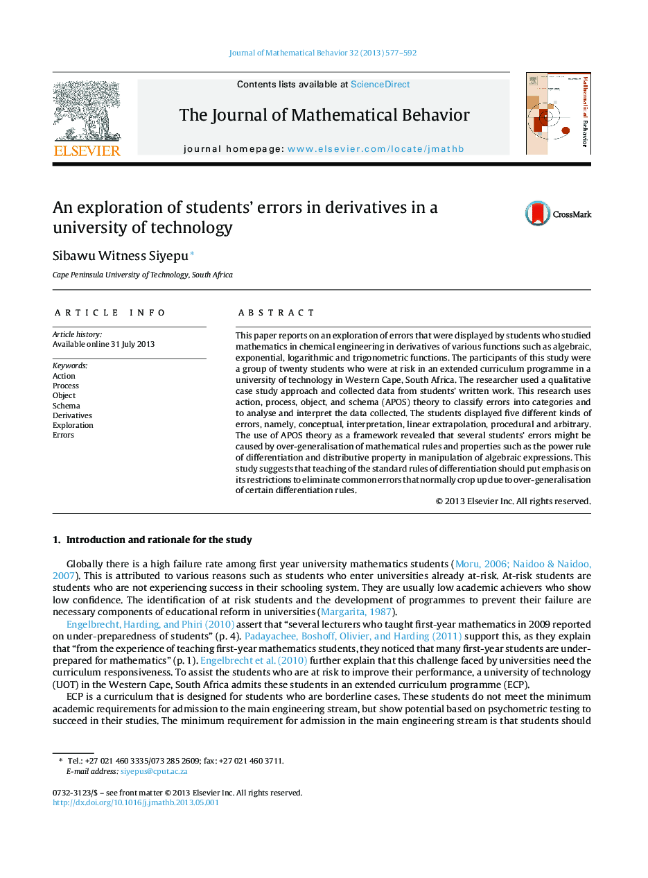 An exploration of students’ errors in derivatives in a university of technology