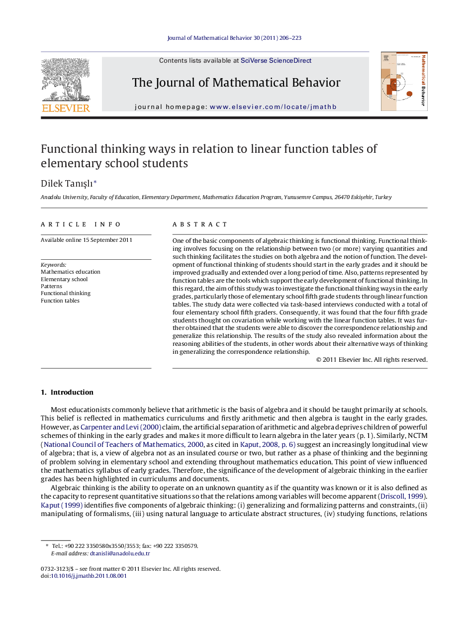 Functional thinking ways in relation to linear function tables of elementary school students