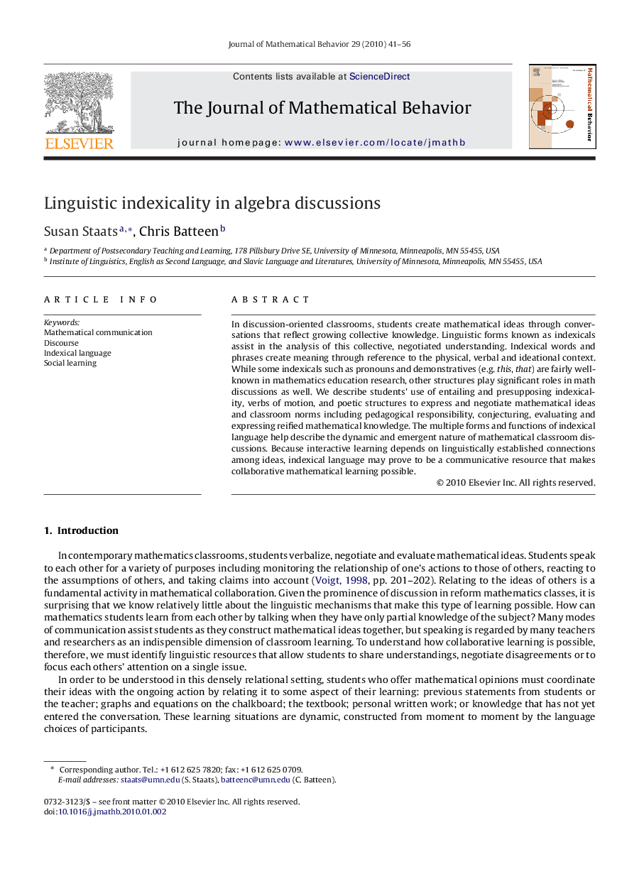 عکس صفحه اول مقاله: Linguistic indexicality in algebra discussions Linguistic indexicality in algebra discussions