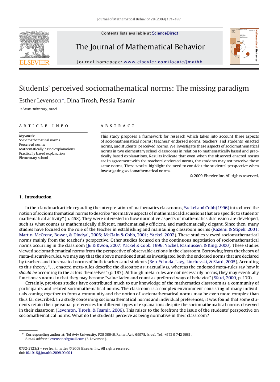 Students’ perceived sociomathematical norms: The missing paradigm