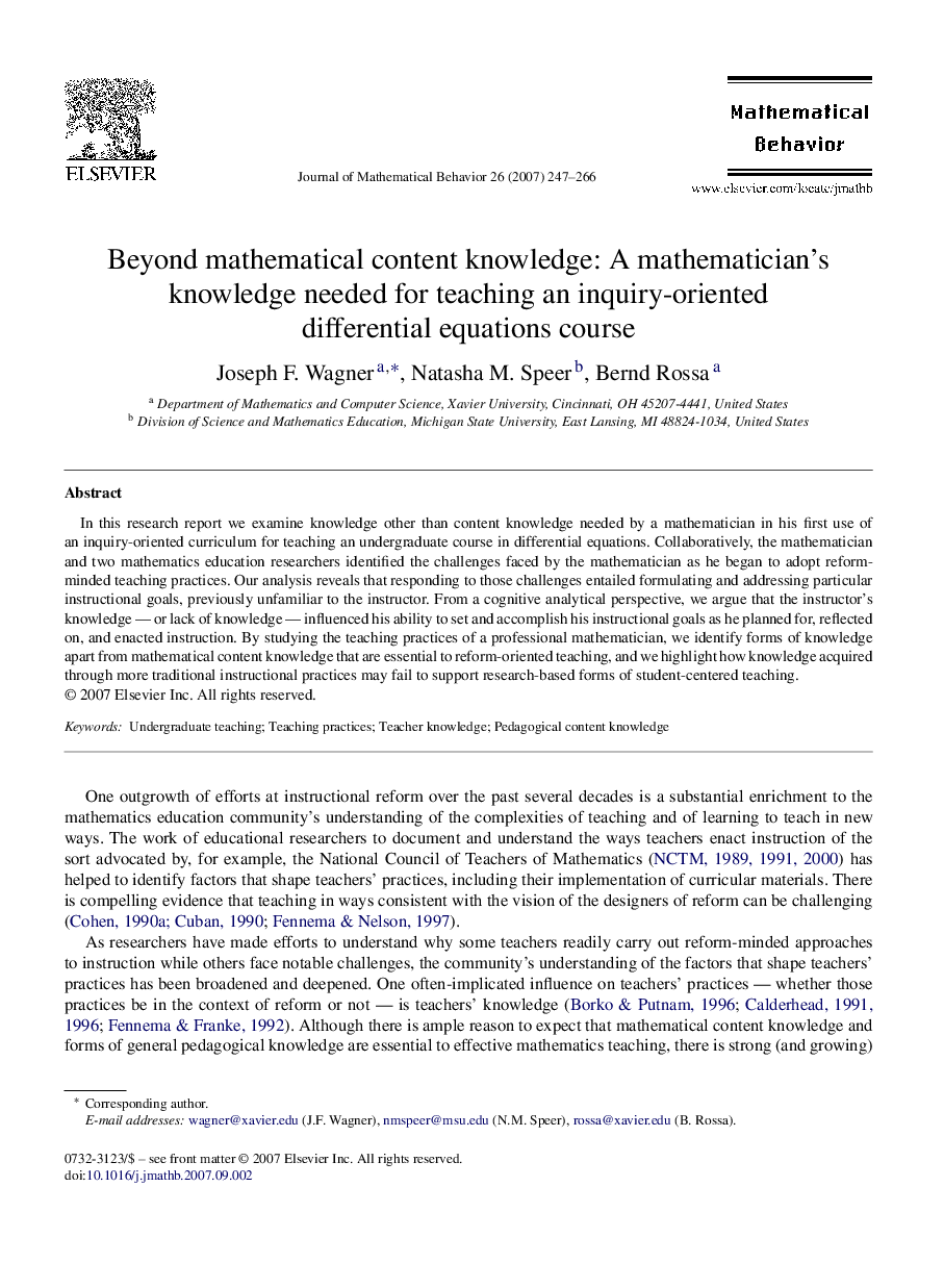 Beyond mathematical content knowledge: A mathematician's knowledge needed for teaching an inquiry-oriented differential equations course