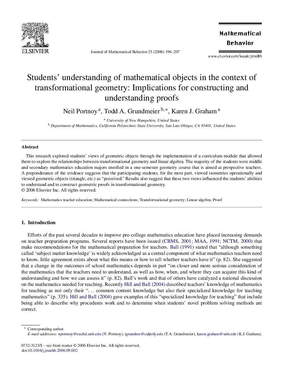 Students’ understanding of mathematical objects in the context of transformational geometry: Implications for constructing and understanding proofs