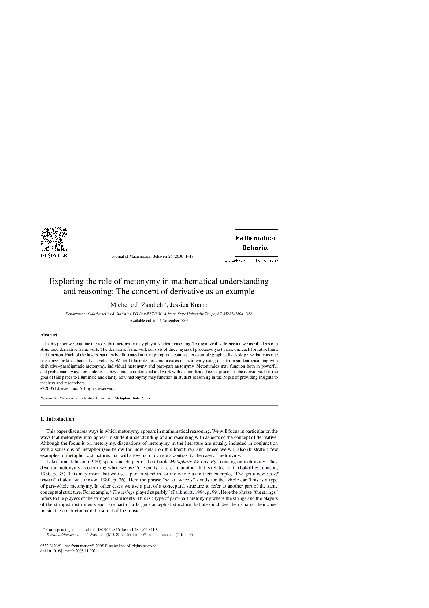 Exploring the role of metonymy in mathematical understanding and reasoning: The concept of derivative as an example