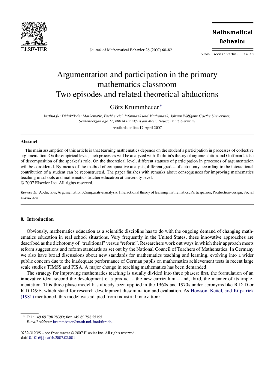 Argumentation and participation in the primary mathematics classroom: Two episodes and related theoretical abductions