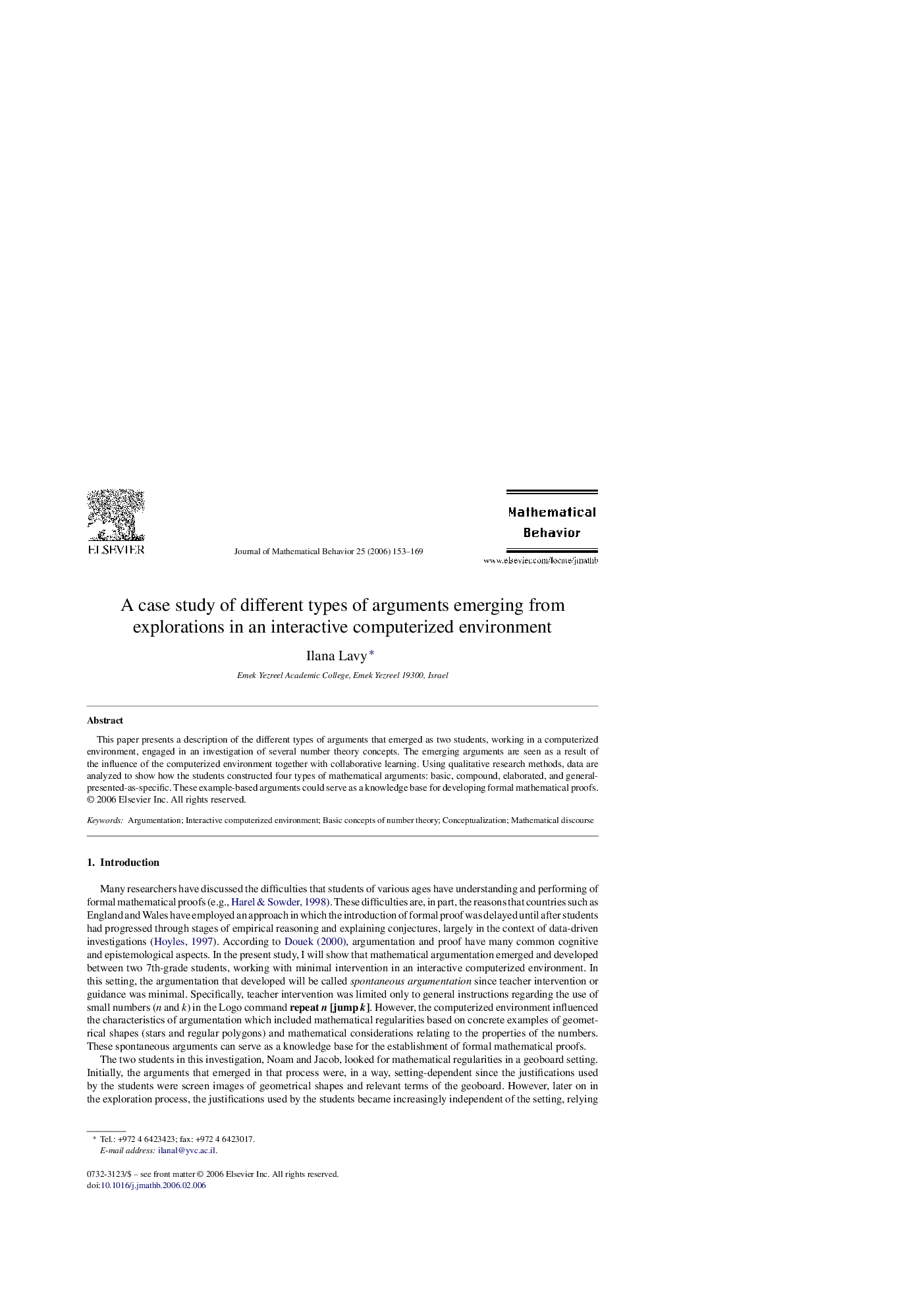 A case study of different types of arguments emerging from explorations in an interactive computerized environment