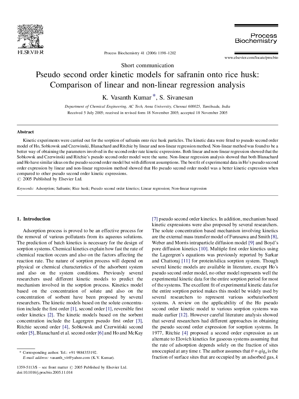 Pseudo second order kinetic models for safranin onto rice husk: Comparison of linear and non-linear regression analysis