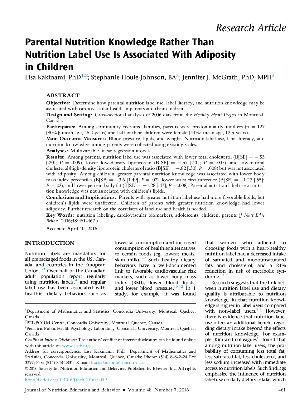 Parental Nutrition Knowledge Rather Than Nutrition Label Use Is Associated With Adiposity in Children