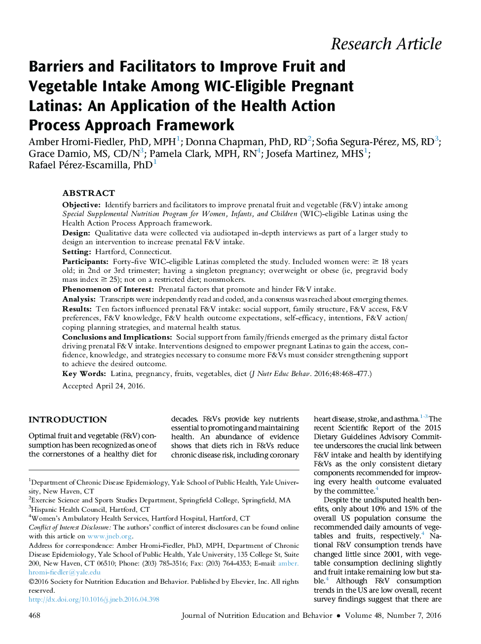 Barriers and Facilitators to Improve Fruit and Vegetable Intake Among WIC-Eligible Pregnant Latinas: An Application of the Health Action Process Approach Framework