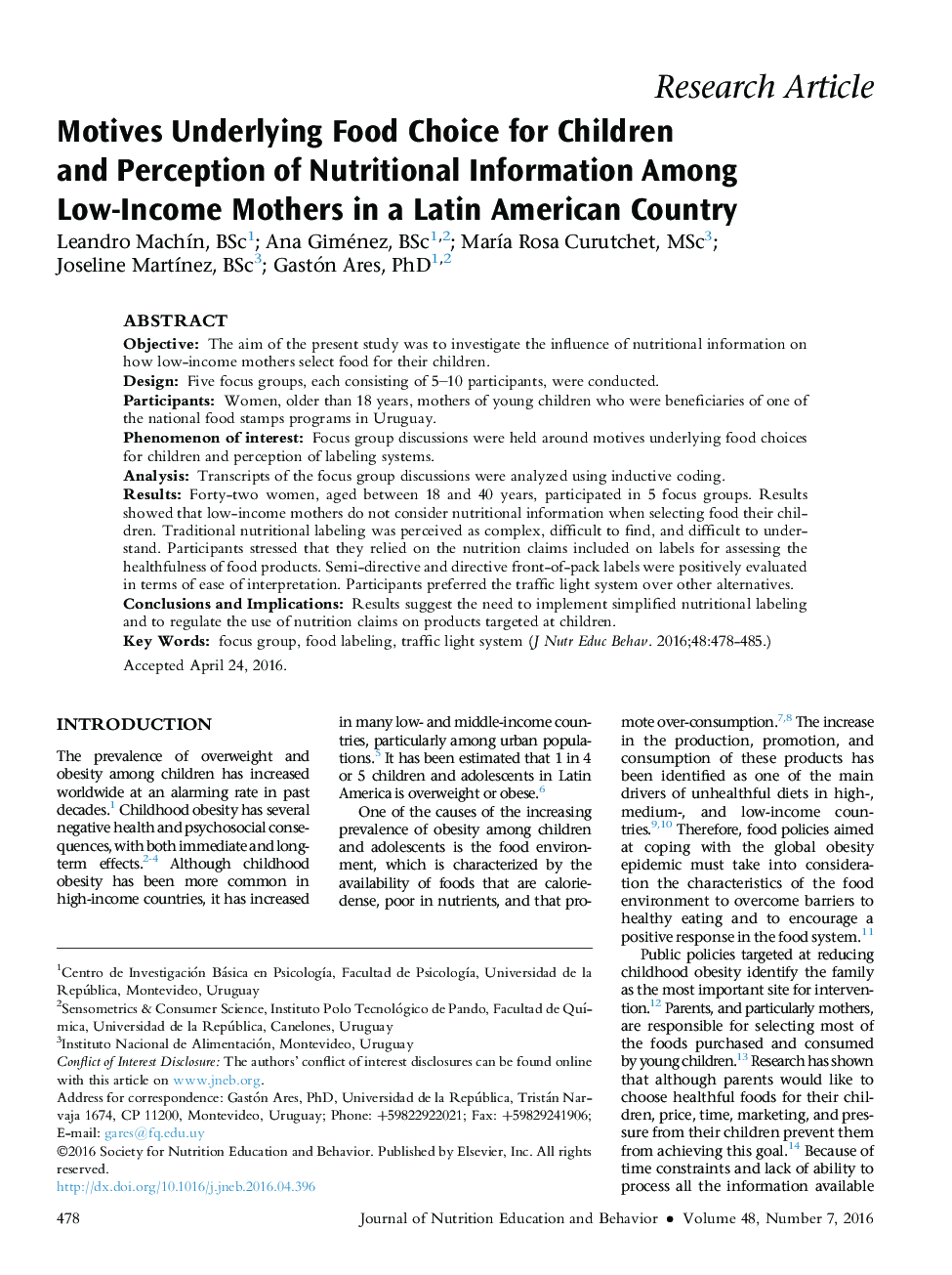 Motives Underlying Food Choice for Children and Perception of Nutritional Information Among Low-Income Mothers in a Latin American Country