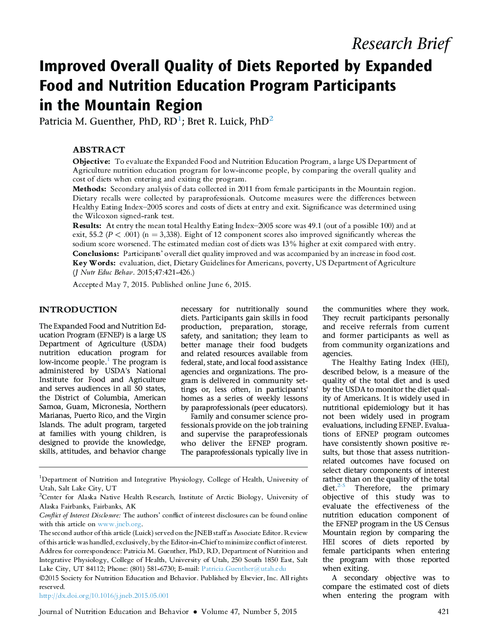Improved Overall Quality of Diets Reported by Expanded Food and Nutrition Education Program Participants inÂ theÂ Mountain Region
