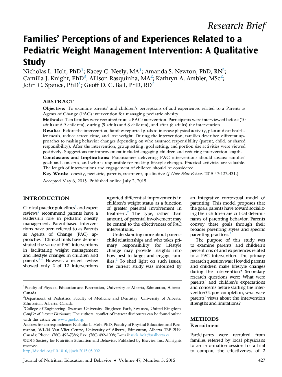 Families' Perceptions of and Experiences Related to a Pediatric Weight Management Intervention: A Qualitative Study