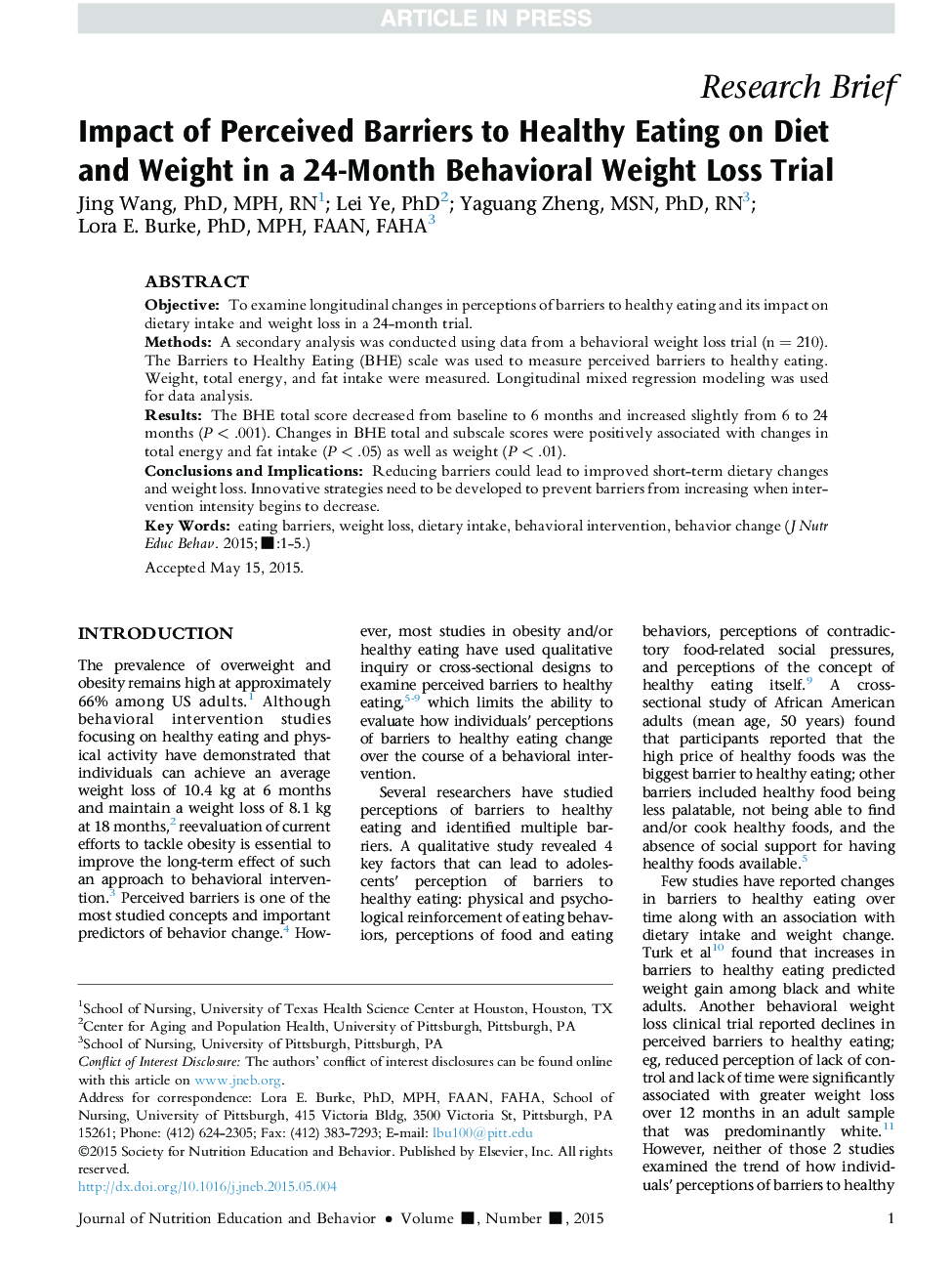 Impact of Perceived Barriers to Healthy Eating on Diet andÂ Weight in a 24-Month Behavioral Weight Loss Trial