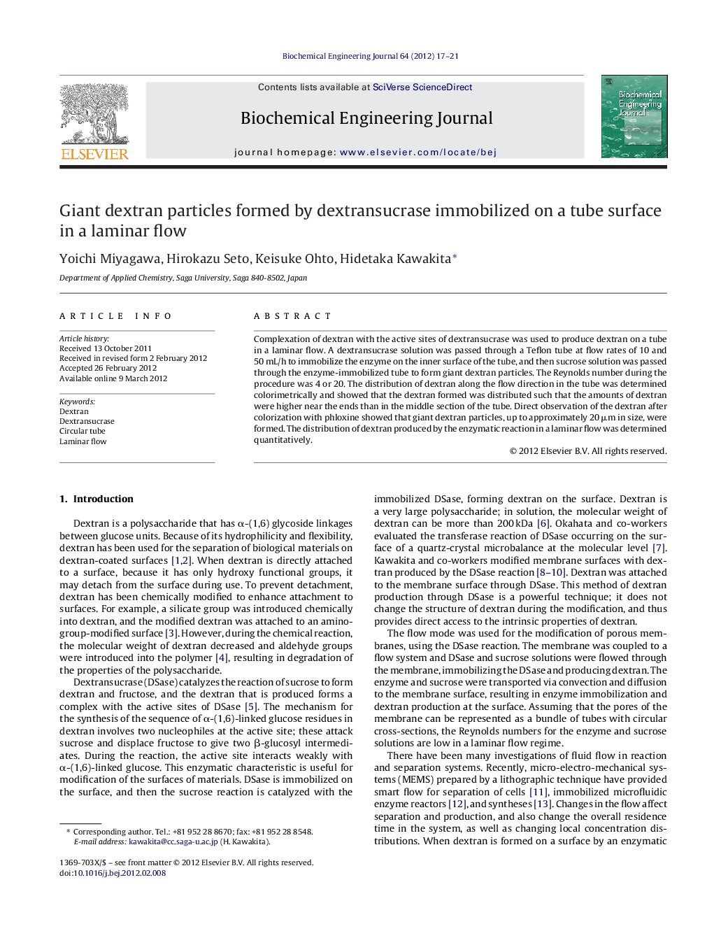 Giant dextran particles formed by dextransucrase immobilized on a tube surface in a laminar flow