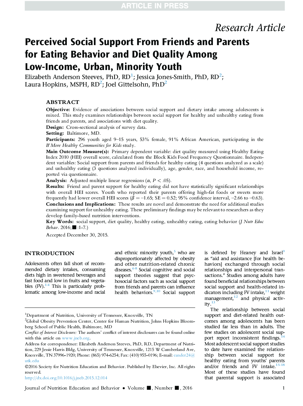 Perceived Social Support From Friends and Parents forÂ Eating Behavior and Diet Quality Among Low-Income, Urban, Minority Youth