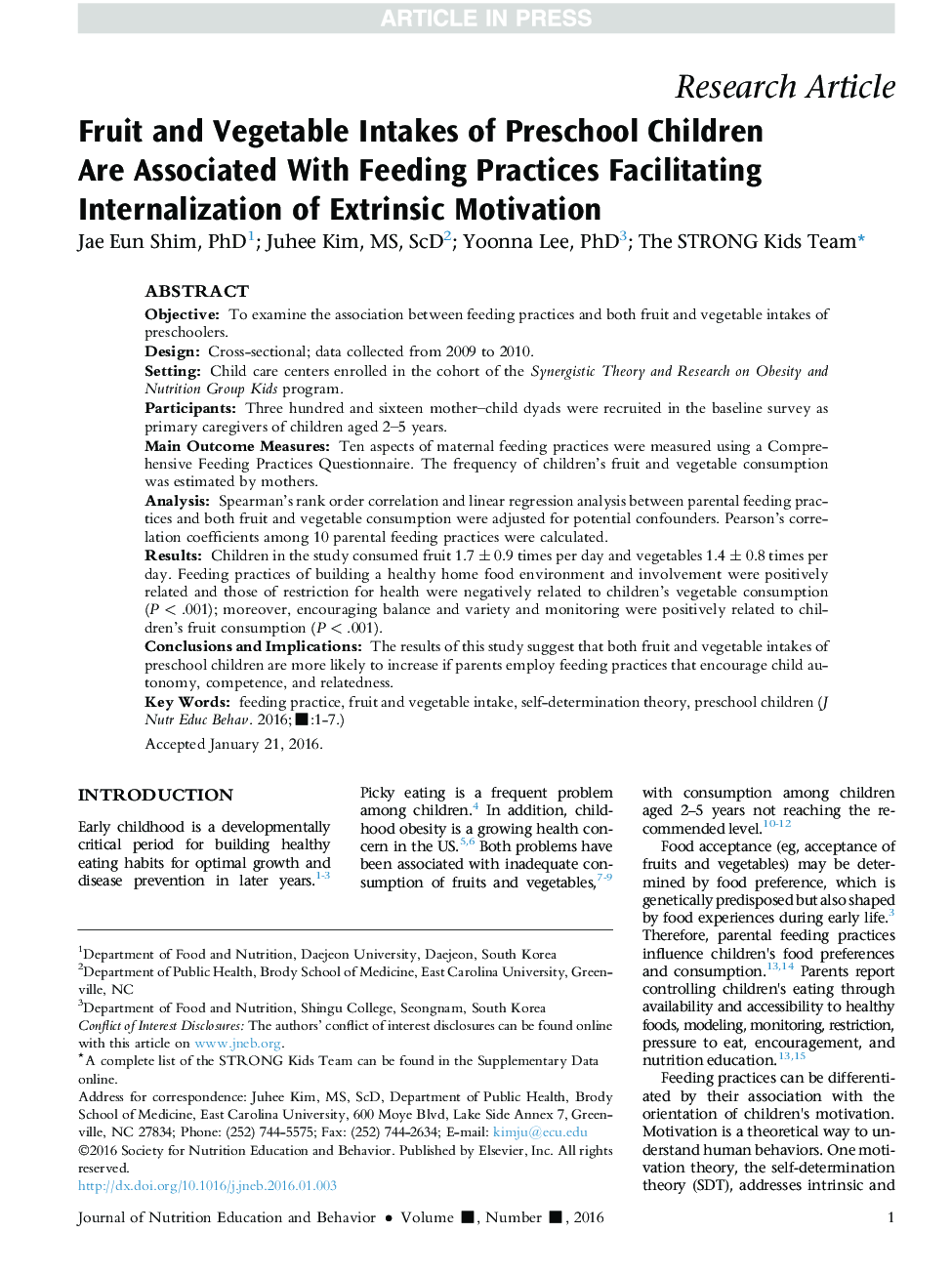 Fruit and Vegetable Intakes of Preschool Children AreÂ Associated With Feeding Practices Facilitating Internalization of Extrinsic Motivation