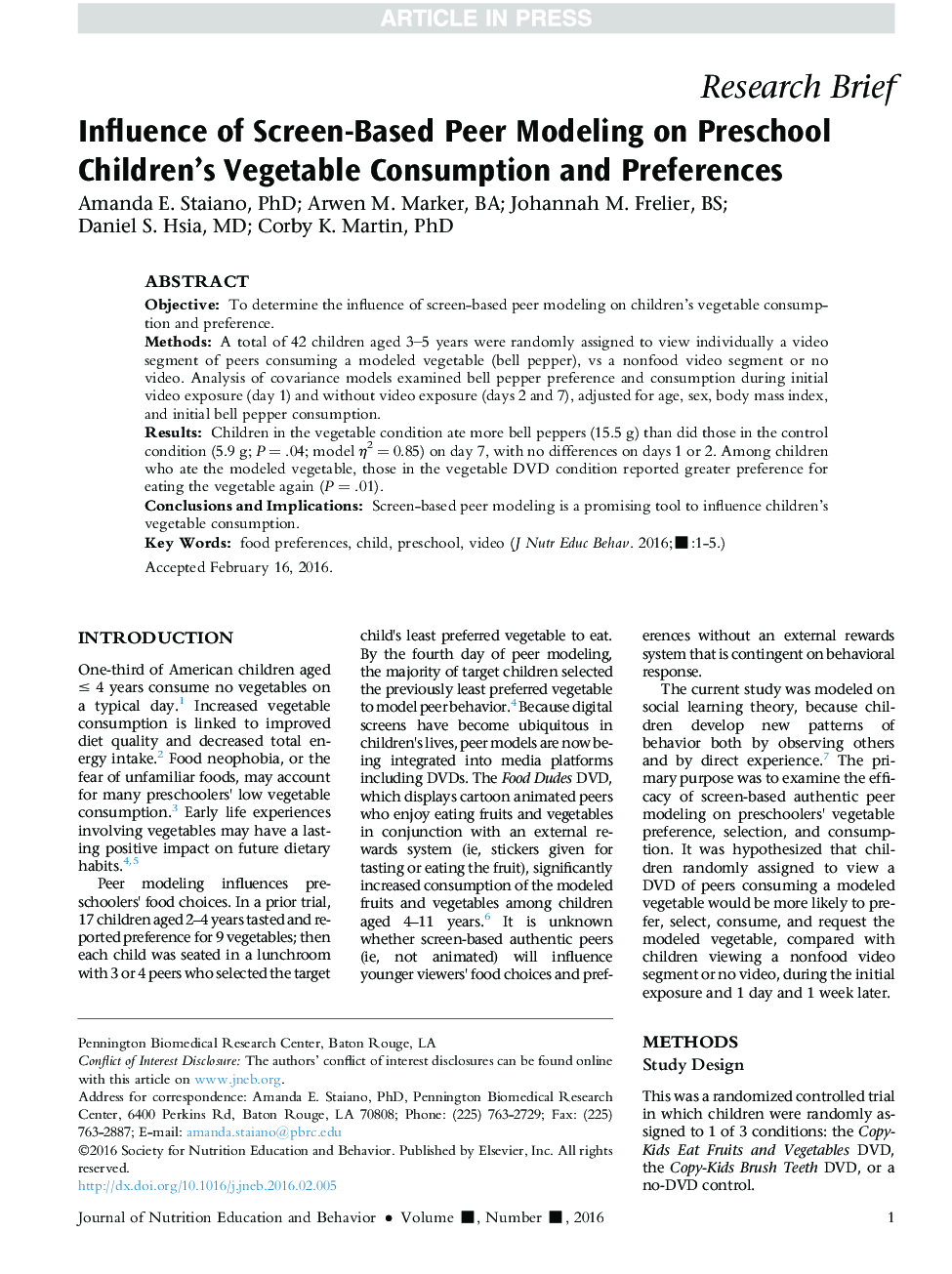 Influence of Screen-Based Peer Modeling on Preschool Children's Vegetable Consumption and Preferences