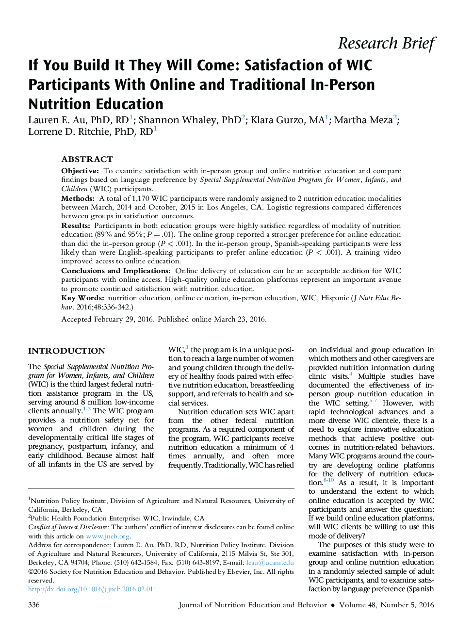 If You Build It They Will Come: Satisfaction of WIC Participants With Online and Traditional In-Person NutritionÂ Education