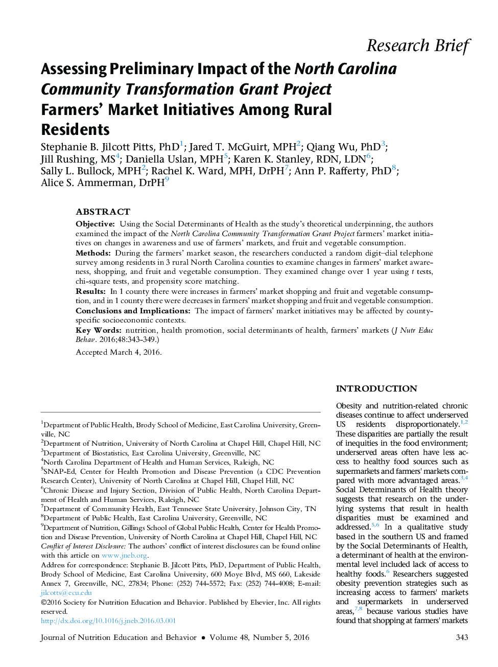 Assessing Preliminary Impact of the North Carolina Community Transformation Grant Project Farmers'Â Market Initiatives Among Rural Residents