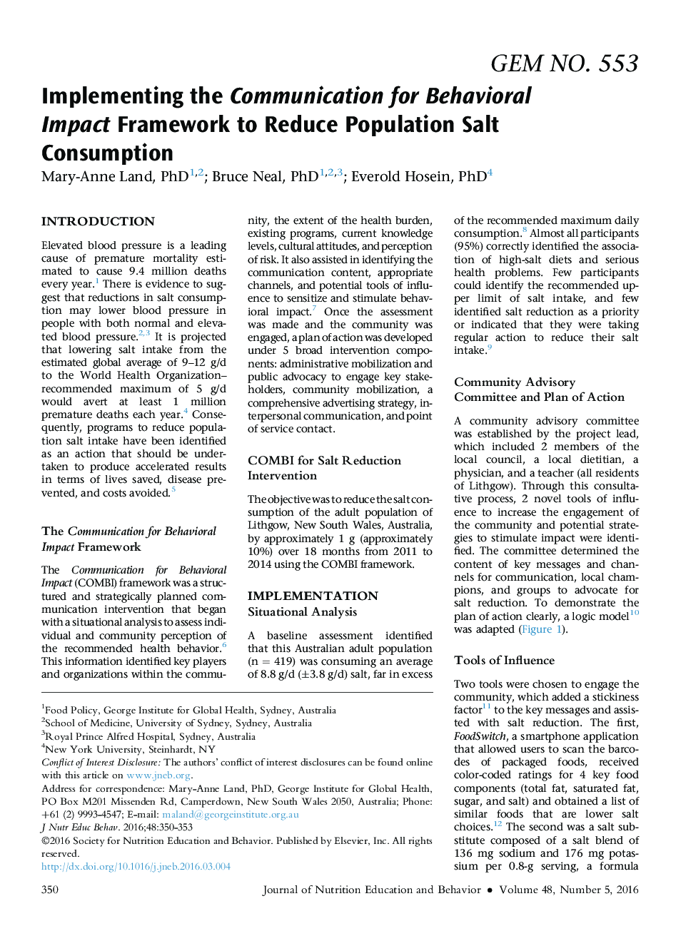 پیاده سازی ارتباطات برای چارچوب تاثیر رفتاری برای کاهش میزان مصرف نمک مصرفی 