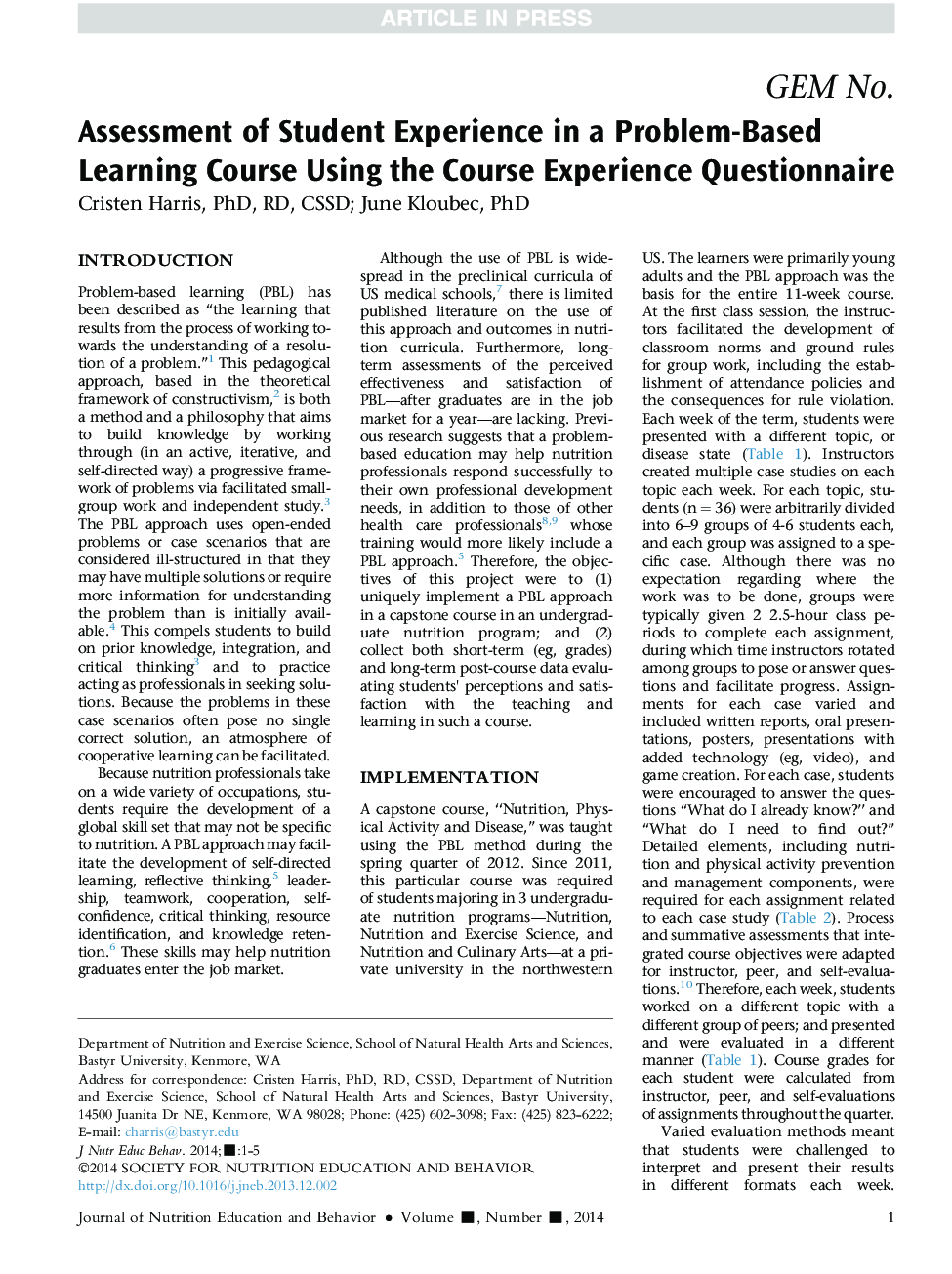 Assessment of Student Experience in a Problem-Based Learning Course Using the Course Experience Questionnaire