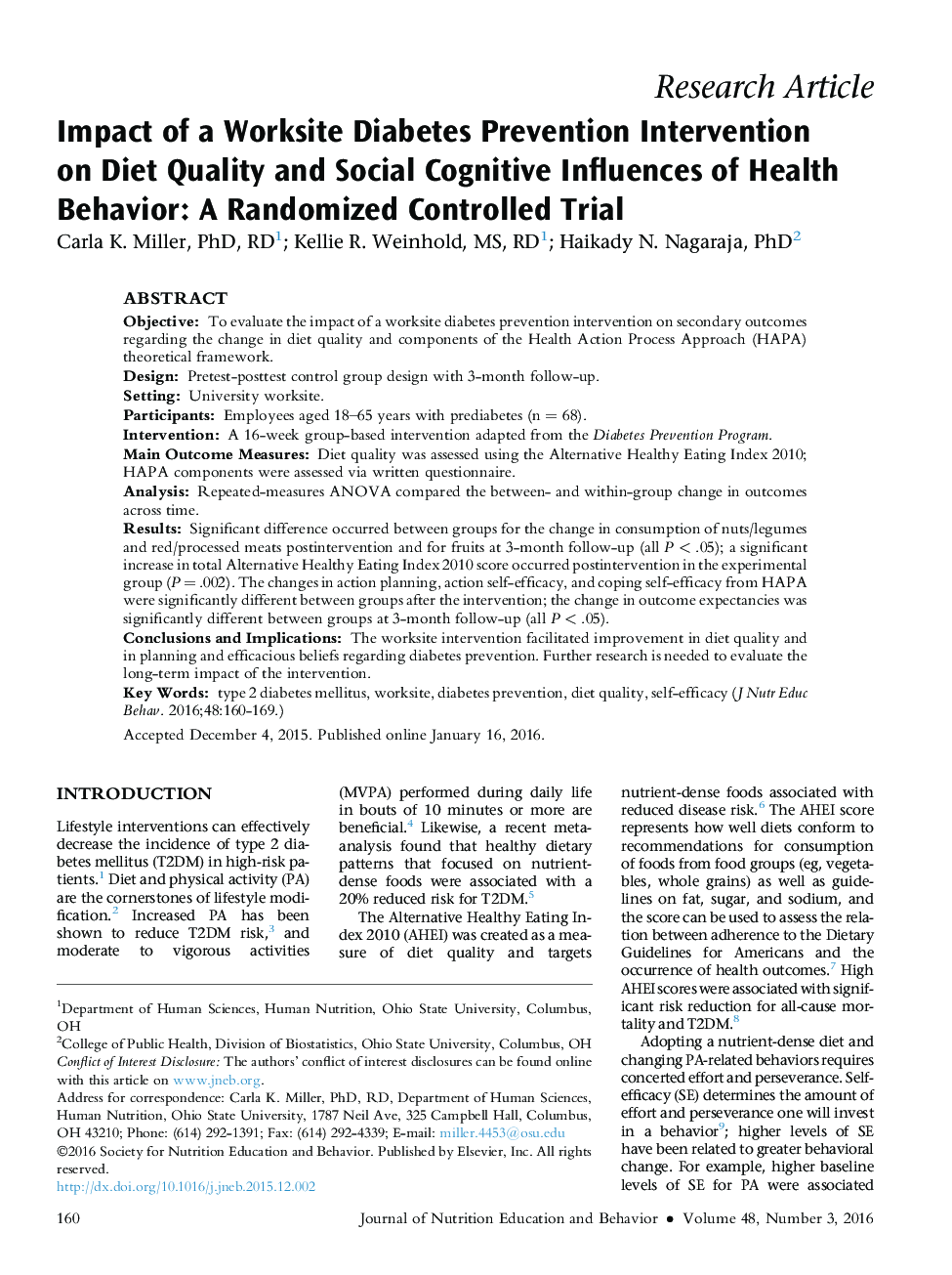 Impact of a Worksite Diabetes Prevention Intervention onÂ Diet Quality and Social Cognitive Influences of Health Behavior: A Randomized Controlled Trial