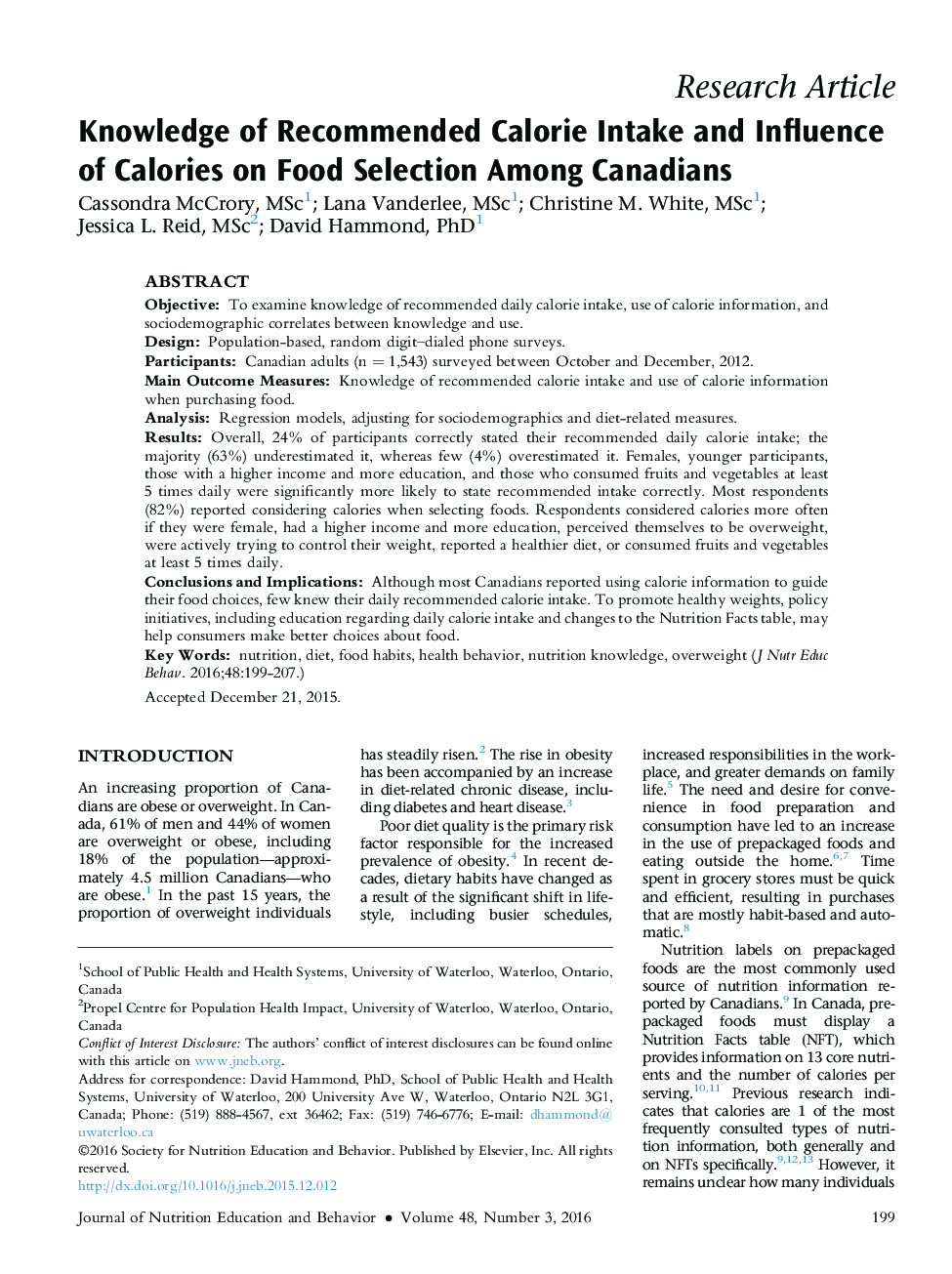 Knowledge of Recommended Calorie Intake and Influence of Calories on Food Selection Among Canadians