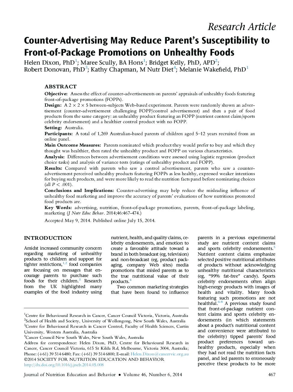 Counter-Advertising May Reduce Parent's Susceptibility to Front-of-Package Promotions on Unhealthy Foods