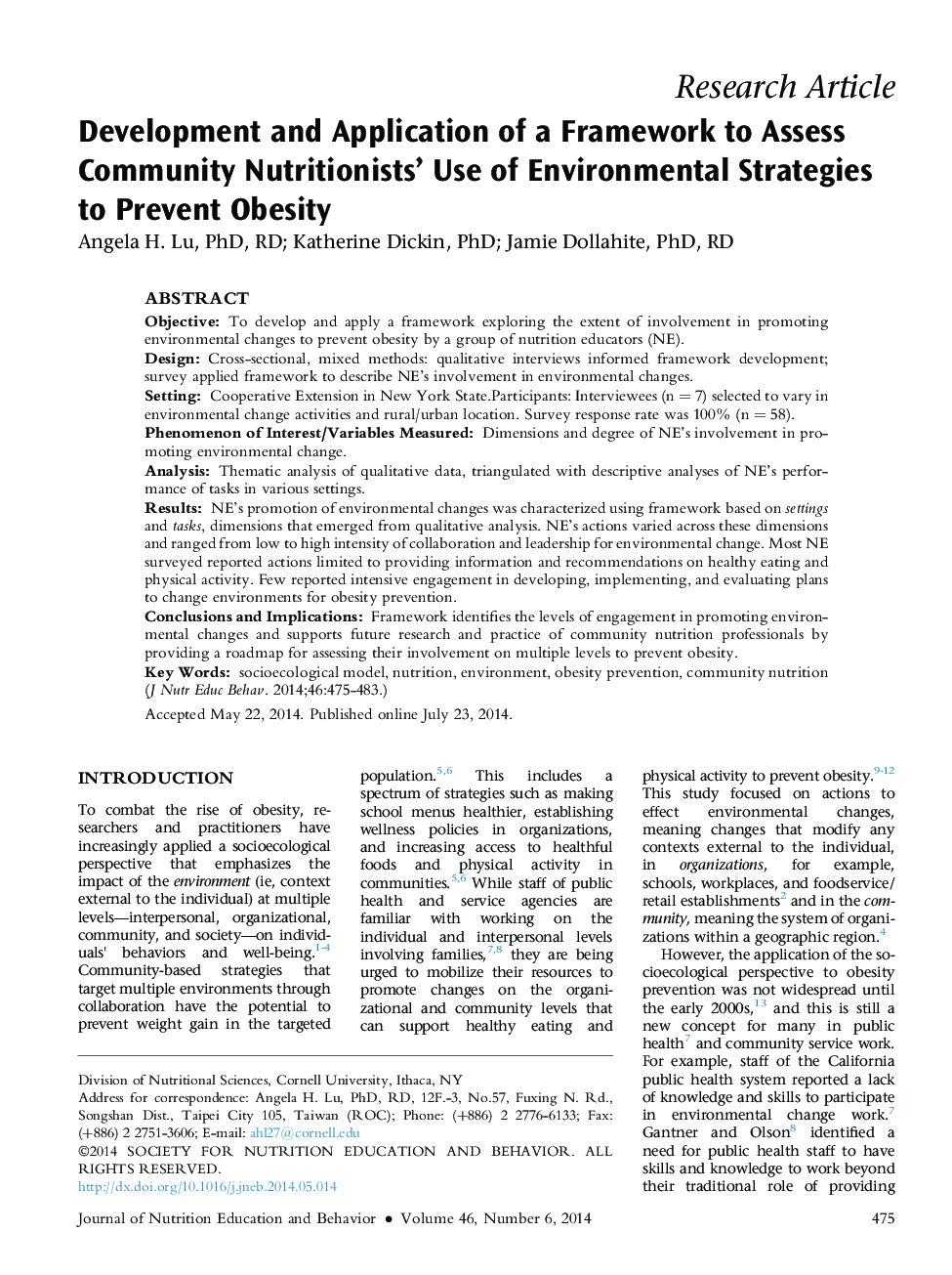 Development and Application of a Framework to Assess Community Nutritionists' Use of Environmental Strategies to Prevent Obesity