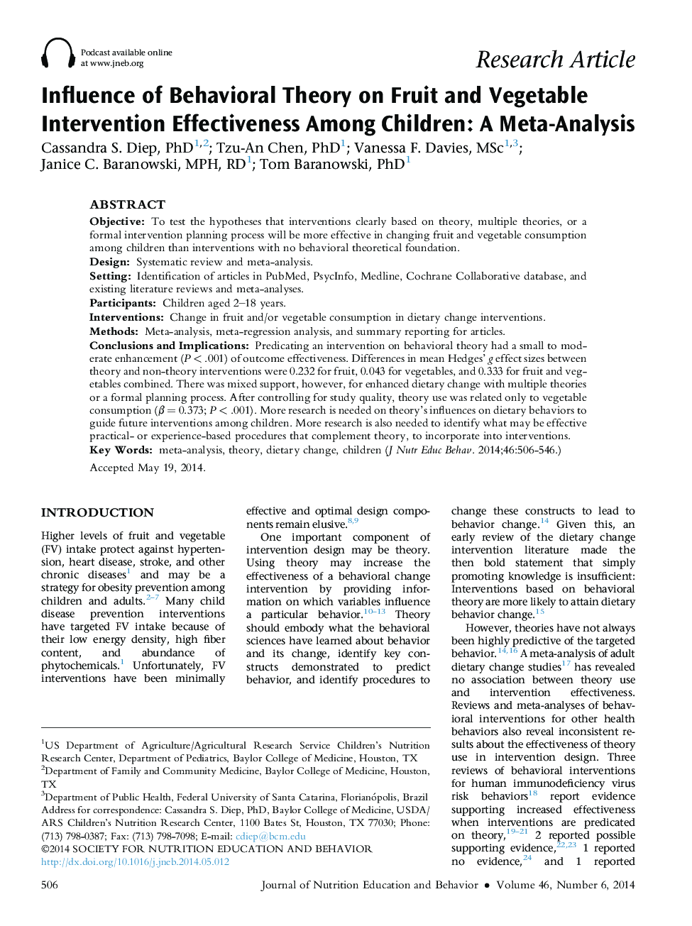 Influence of Behavioral Theory on Fruit and Vegetable Intervention Effectiveness Among Children: A Meta-Analysis