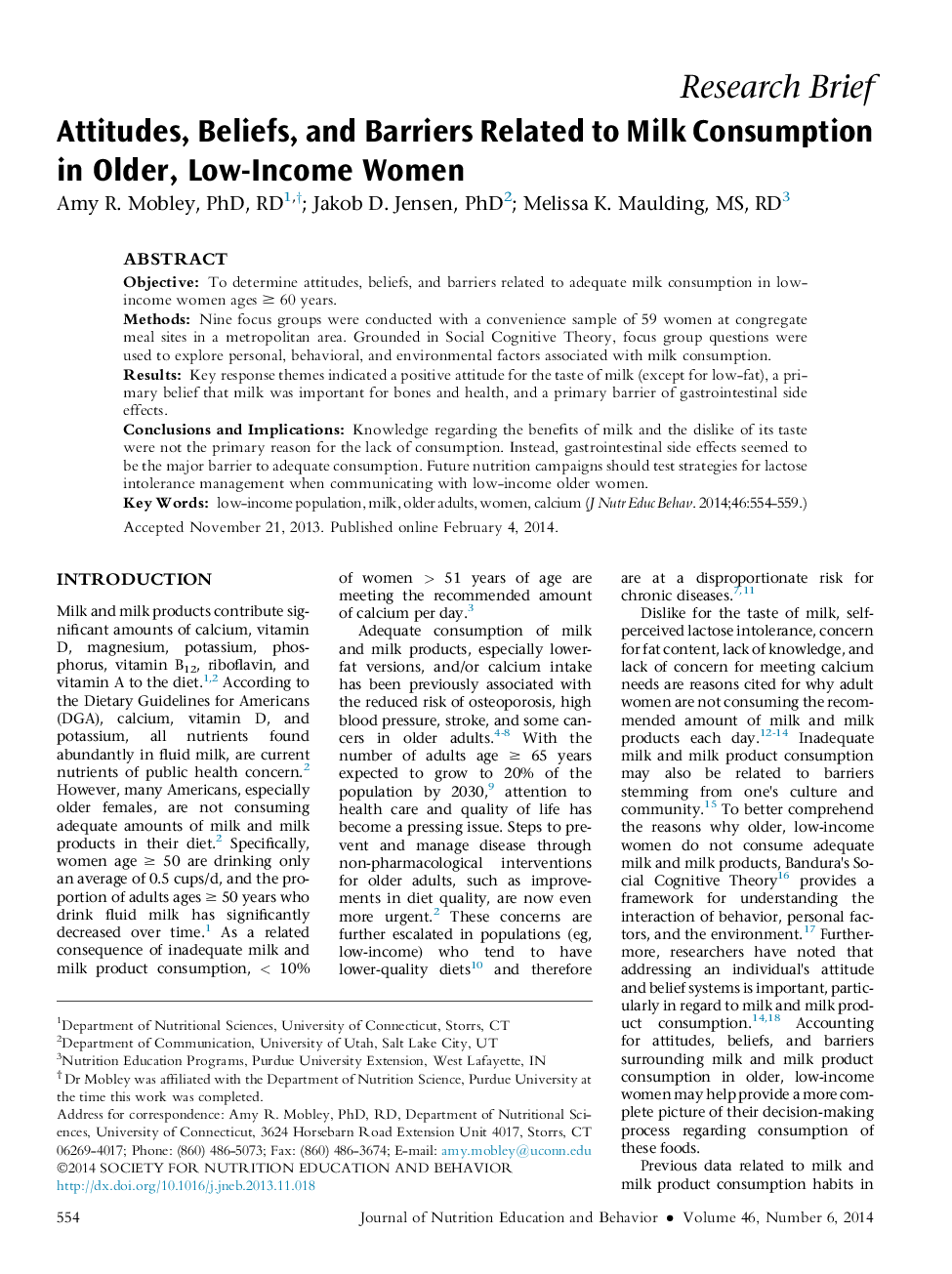 Attitudes, Beliefs, and Barriers Related to Milk Consumption in Older, Low-Income Women