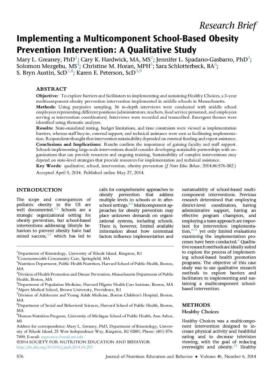 Implementing a Multicomponent School-Based Obesity Prevention Intervention: A Qualitative Study