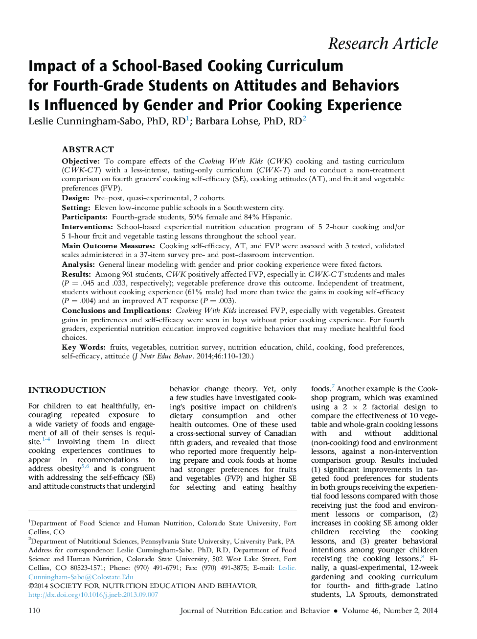 Impact of a School-Based Cooking Curriculum for Fourth-Grade Students on Attitudes and Behaviors Is Influenced by Gender and Prior Cooking Experience