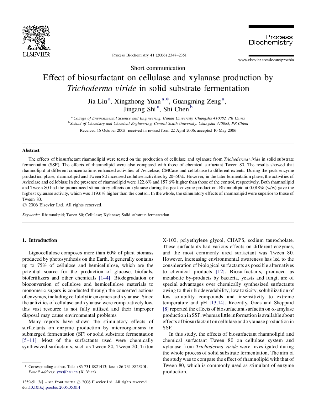 Effect of biosurfactant on cellulase and xylanase production by Trichoderma viride in solid substrate fermentation