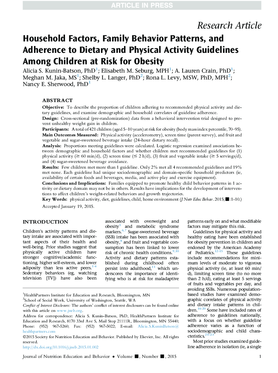 Household Factors, Family Behavior Patterns, and Adherence to Dietary and Physical Activity Guidelines Among Children at Risk for Obesity